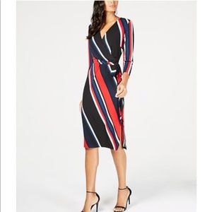 INC striped faux-wrap strip dress